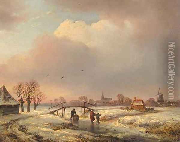 A winter landscape with figures on a frozen waterway Oil Painting - Andreas Schelfhout
