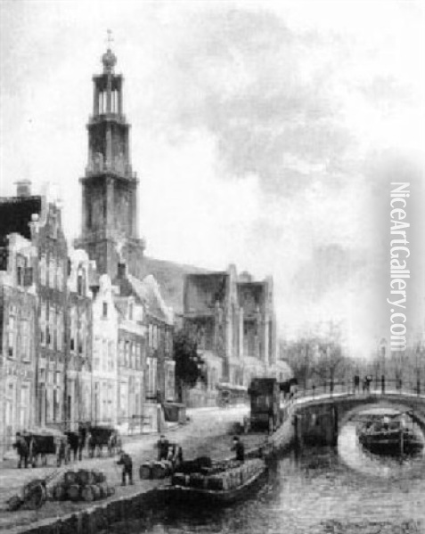 A View Of The Westerkerk On The Rozengracht, Amsterdam Oil Painting - Cornelis Christiaan Dommelshuizen
