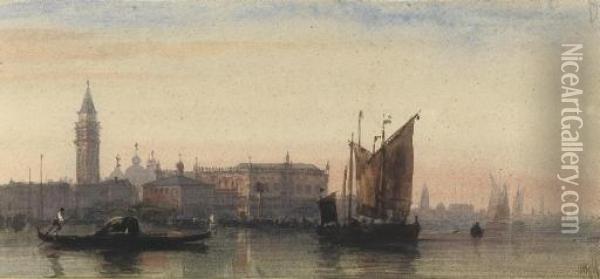 View Of The Doge's Palace And The Campanile, With The Domes Of St Mark's Beyond, Venice Oil Painting - William Wyld