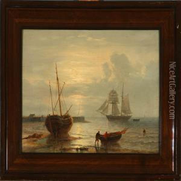 Coastal Scene At Low Tide Oil Painting - George Willem Opdenhoff