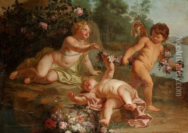 Putti Desporting With Garlands Of Flowers In A River Landscape Oil Painting - Dionys van Nymegen