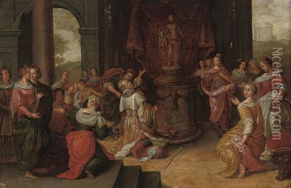 Figures In A Classical Courtyard Before An Alter With A Statue Ofceres Oil Painting - Frans II Francken