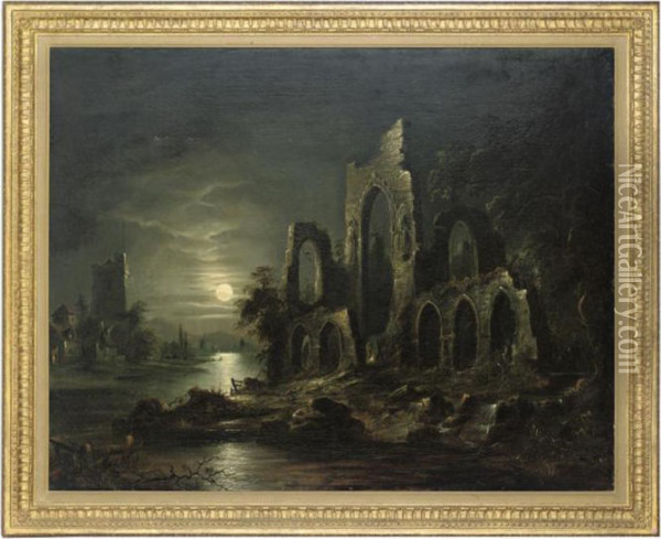 Ruined Abbey By Moonlight Oil Painting - Henry Pether