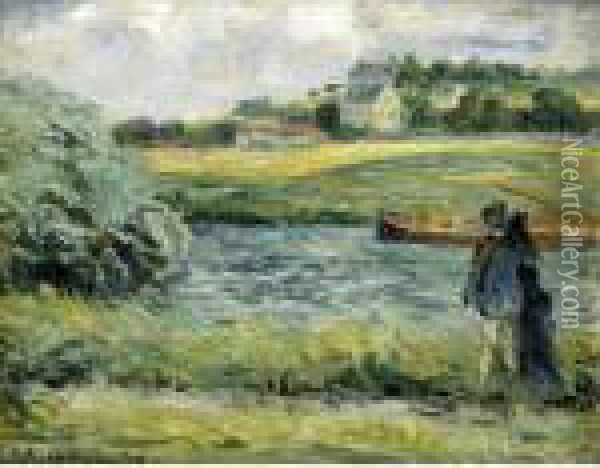 Promenade Au Bord De L'eau, Pontoise Oil Painting - Camille Pissarro