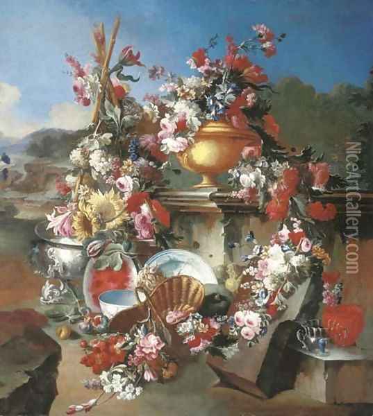 Roses, narcissi, carnations, tulips and other flowers in an urn Oil Painting - Francesco Lavagna