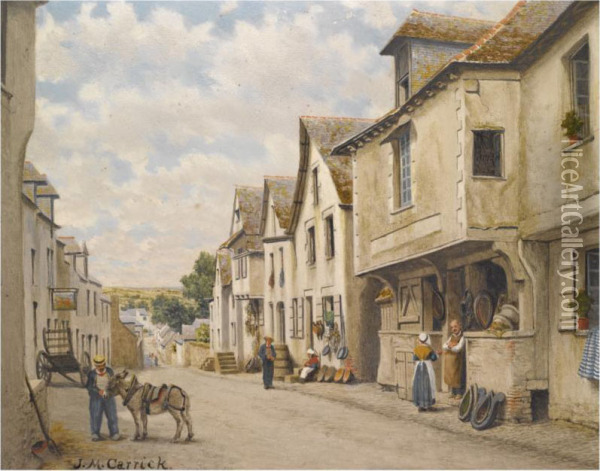 Street In Josselin, Morbihan, Brittany; Old House In Market Place, Lannion, Brittany Oil Painting - John Mulcaster Carrick