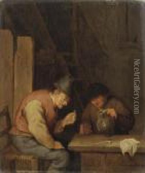 Two Peasants Smoking And Drinking In An Interior Oil Painting - Cornelis Dusart