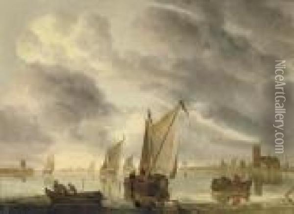 Sailing Vessels On A River, A Church Tower In The Distance Oil Painting - Aelbert Cuyp