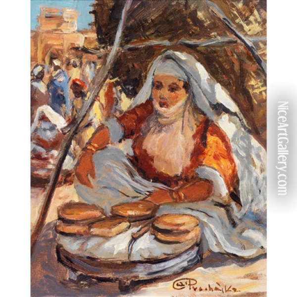 La Marchande De Pain, Place Jemaa El-fna, Marrakech Oil Painting - Antonin Prochaska