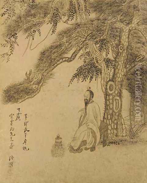 Preparing the Elixir beneath a Pine Qing dynasy Oil Painting - Chen Hongshou