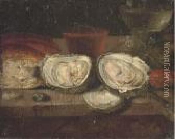 A Loaf Of Bread, Oysters, A Roemer Of Wine Oil Painting - Osias, the Elder Beert