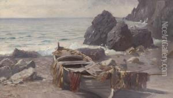 A Fishing Boat At Low Tide, Capri Oil Painting - Bernard Hay