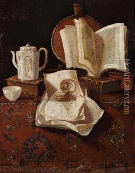 Still Life With Books, Jug And Clock On A Flowered Rug Oil Painting - Pieter Gerritsz van Roestraten