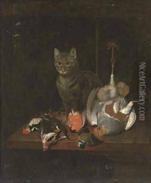 A cat seated on a wooden table with dead birds Oil Painting - Ferdinand Phillip de Hamilton