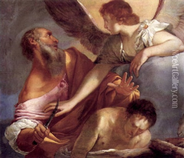 Abraham, Isaac And The Angel Oil Painting - Giulio Carpioni