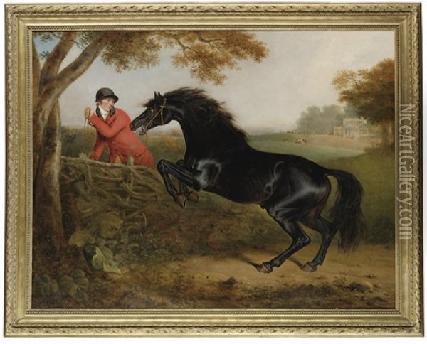 A Dark Bay Hunter Jumping A Fence, With A Huntsman, In The Grounds Of Spye Park, Wiltshire Oil Painting - Henry Bernard Chalon