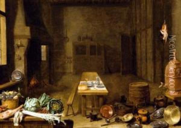 Interieur De Cuisine Avec Legumes Et Ustensiles Oil Painting - Pieter Gysels