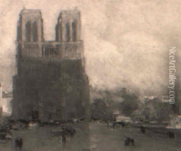 Parisermotiv Med Udsigt Til Notre Dame Oil Painting - Eugene Louis Gillot