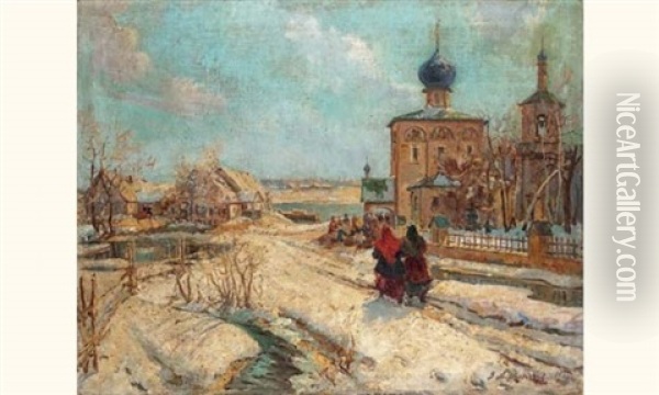 Deux Femmes Dans Un Village Enneige Oil Painting - Georgi Alexandrovich Lapchine