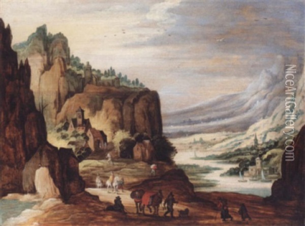 A Mountainous River Landscape With Travellers On A Path In The Foreground Oil Painting - Joos de Momper the Younger