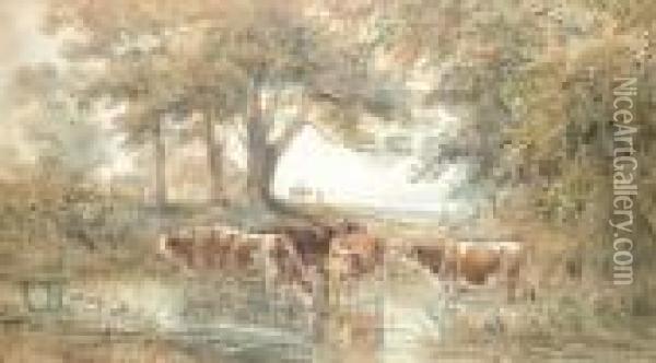 Cattle Watering In A Woodland Pool Oil Painting - Henry Earp