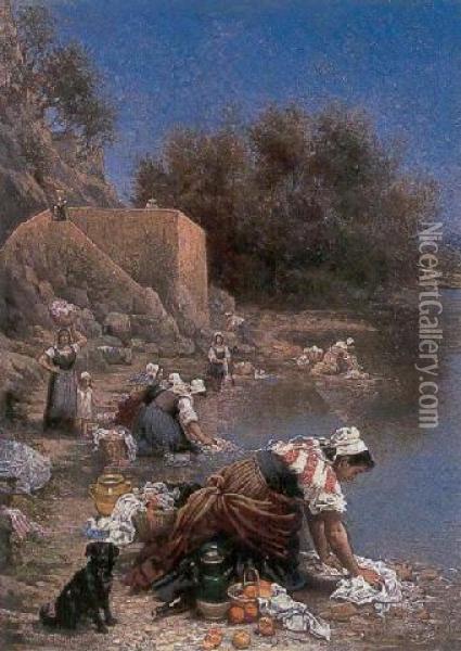 Laundresses In Provence Oil Painting - Camille Barnoin