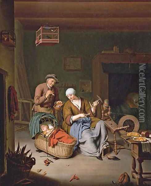 A woman spinning yarn with a baby in a wicker basket and an old man smoking a pipe Oil Painting - Willem van Mieris