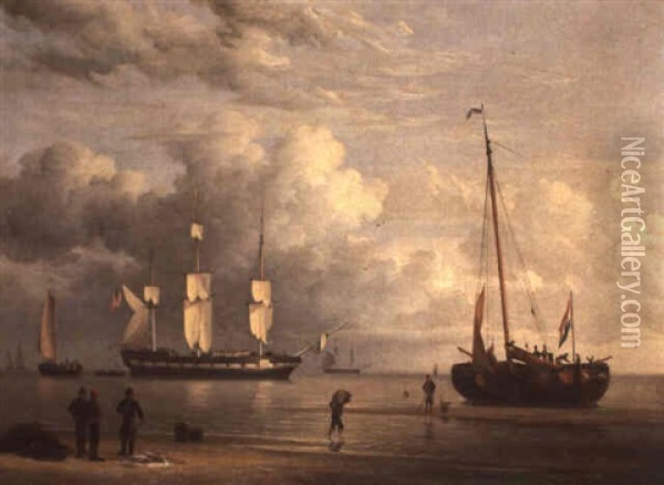 A Beach Scene With A Man O' War Off The Coast And Figures   Loading A Barge In The Foreground Oil Painting - William Joy