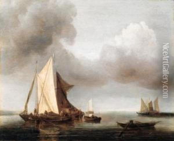 A Calm: Smalschepen At Anchor On A Cloudy Day Oil Painting - Jan Van De Capelle