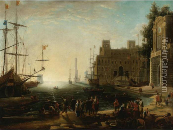 View Of A Bustling Port Oil Painting - Claude Lorrain (Gellee)