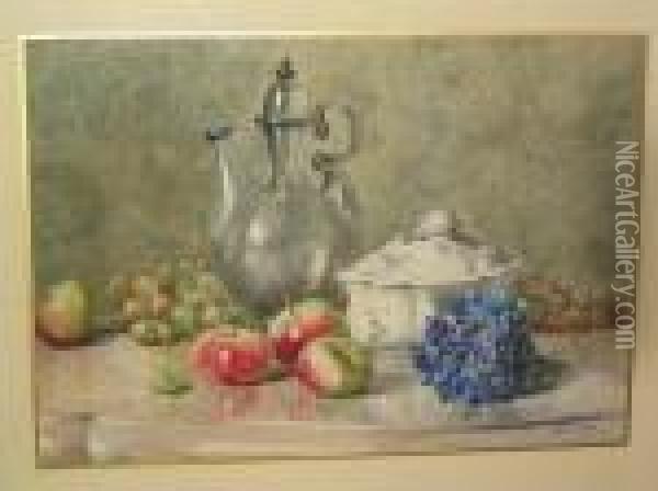 Still Life Of Apples, Grapes, Silver Water Pot And Porcelain Dish On A Table Top Oil Painting - Francois Rivoire
