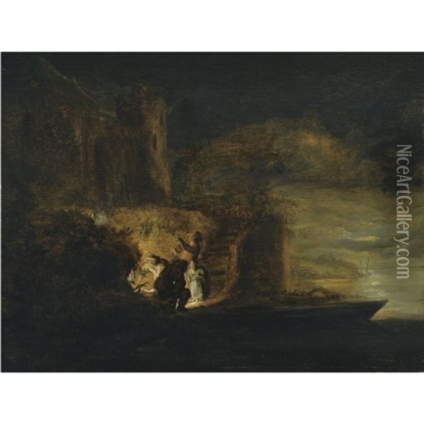 Figures Around A Fire On A River Bank Beneath A City Fortification At Night Oil Painting - Cornelis Simonsz van der Schalcke