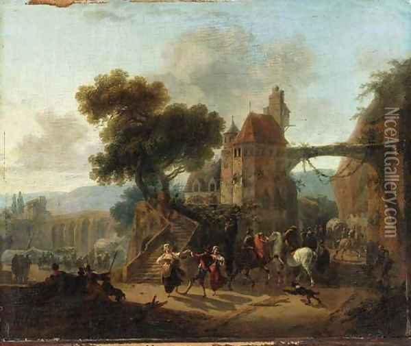 Villagers dancing by a gatehouse, an aqueduct beyond Oil Painting - Nicolas Antoine Taunay