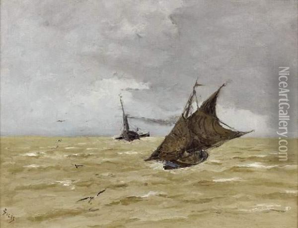 Barque De Peche Voiles Deployees Croisant Par Tribord Un Bateau A Aubes, Circa 1890 Oil Painting - Frank Myers Boggs