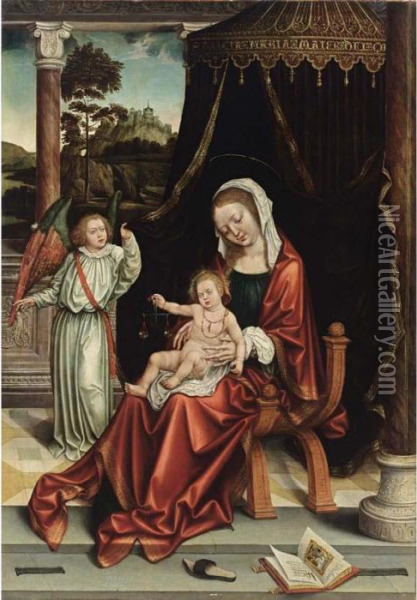 The Virgin And Child Under A 
Canopy, Together With The Archangel Michael, A View Of A Landscape With A
 Castle On A Mountain Beyond Oil Painting - Barend Van Orley