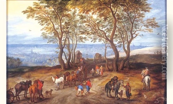 Carrioles Et Cavalier Dans Un Paysage Vallonne Oil Painting - Joseph van Bredael