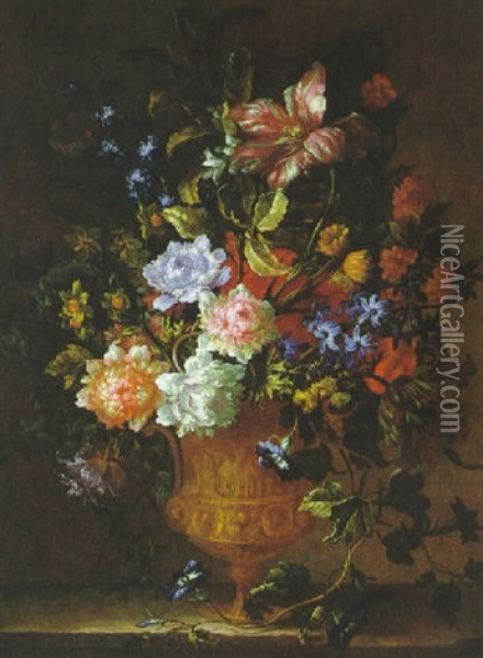 Blumenstraus In Einer Vergoldeten Prunkvase Oil Painting - Jean-Baptiste Monnoyer