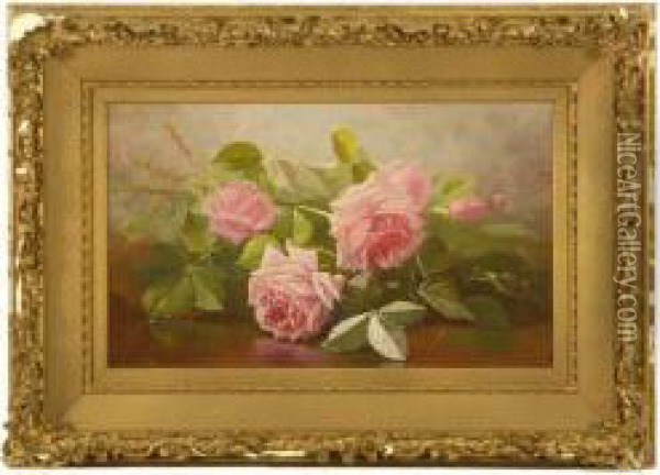 Still Life With Pink Roses Oil Painting - Edward Chalmers Leavitt