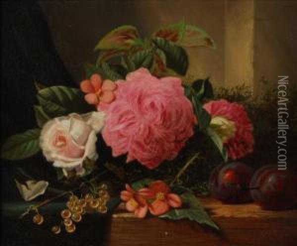 Still Life Offlowers And Fruit Oil Painting - Henry George Todd