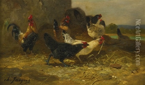 Hens And Cocks Oil Painting - Charles Emile Jacque