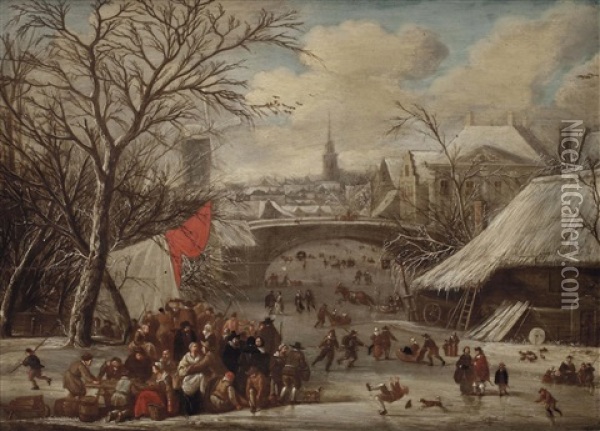 A Town In Winter With Numerous Figures On A Frozen Canal Skating, Sleighing And Conversing Oil Painting - Gerrit (Gerard) Battem