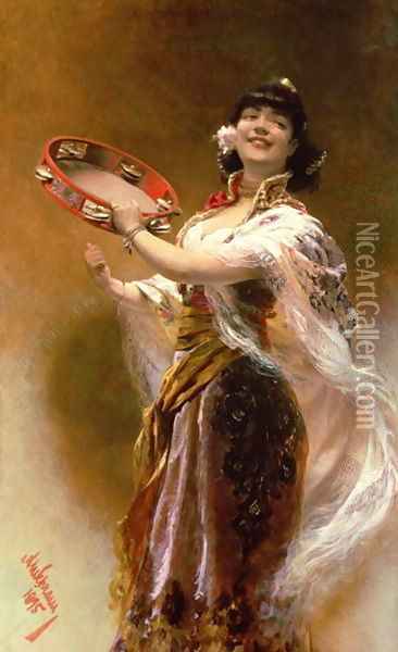 Gypsy Girl with a Tambourine Oil Painting - Alois Hans Schramm