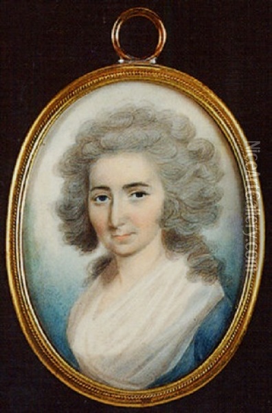 A Lady With Powdered Hair Wearing Blue Dress Oil Painting - Thomas Hazlehurst
