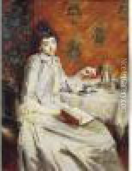 Jeune Fille Lisant A La Tasse De Cafe. Oil Painting - Edouard John E. Ravel