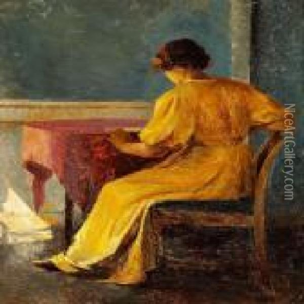 Interior With A Woman In A Yellow Dress At A Table Oil Painting - Peder Vilhelm Ilsted