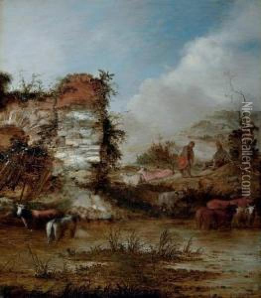 A River Landscape With Cattle Watering By A Ruin And Herdsmen Resting On The Bank Oil Painting - Jacobus Sibrandi Mancandan