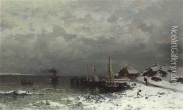 Kleiner Fischerhafen An Verschneiter Skandinavischer Kuste Oil Painting - Axel Wilhelm Nordgren