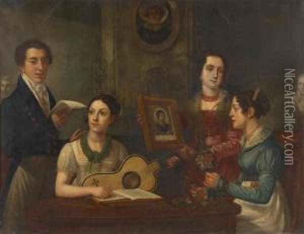 La Lecon De Musique Oil Painting - Pierre Van Huffel
