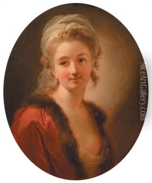 Portrait De Jeune Femme En Manteau Rouge A Col De Fourure La Poitrine Decouverte Oil Painting - Jean-Baptiste Leprince