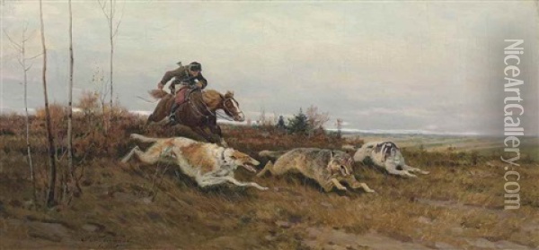 Wolf Hunting With Borzois Oil Painting - Efim A. Tikhmenev